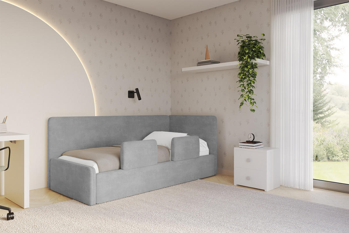 EINZELLBETT Jugendbett mit Bettkasten, Links - NORY 80x200 Grau - Hellgrau, Holzwerkstoff/Textil (80/200cm) - ALTDECOR
