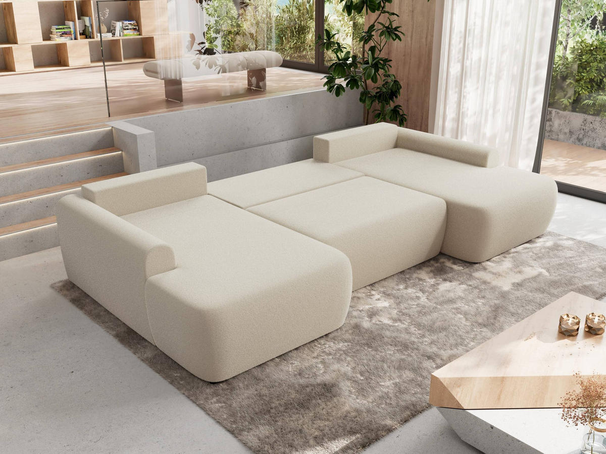 WOHNLANDSCHAFT CUBO U Beige Boucle - Beige/Schwarz, Kunststoff/Textil (370/100/187cm) - MKS