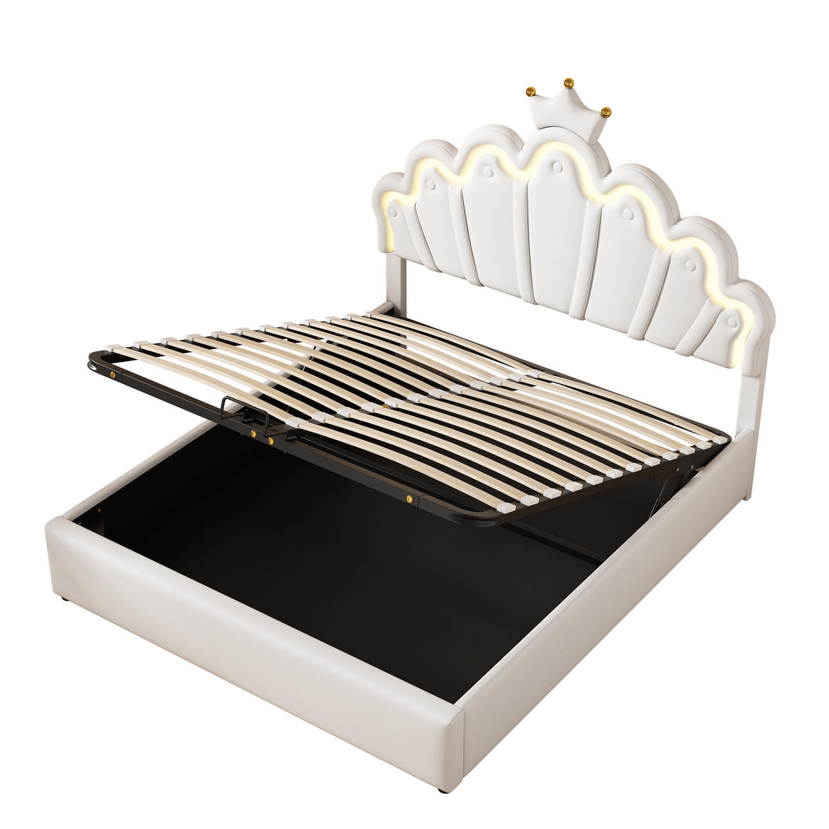 POLSTERBETT 140/200 cm Weiß mit verstellbarer Ambiente-Beleuchtung und Kronenleiste - Weiß, Kunststoff (140/200cm) - OKWISH