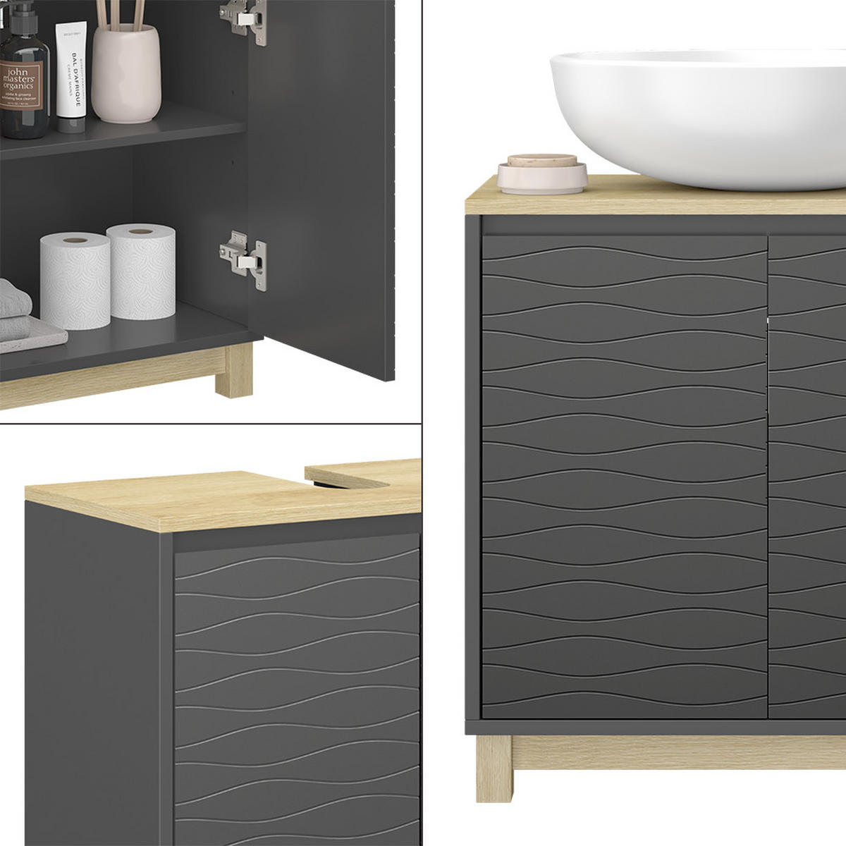 WASCHBECKENUNTERSCHRANK Livia Anthrazit 60 x 60 cm mit 2 Türen - Anthrazit/Naturfarben, Holzwerkstoff (60/60/30cm) - Vicco