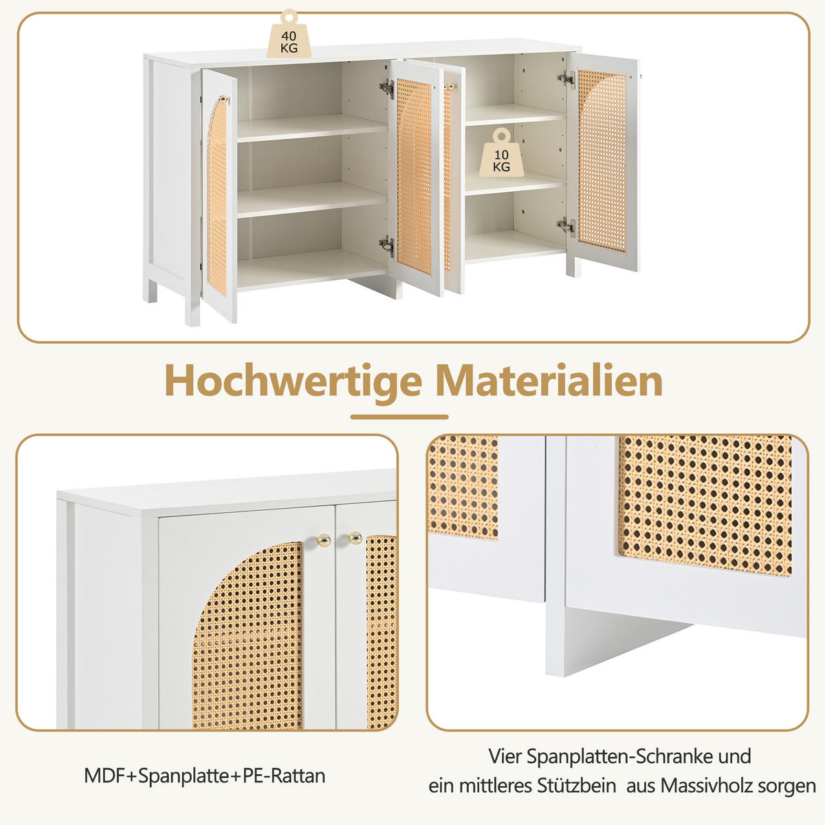 SIDEBOARD in Naturfarbe und Weiß Anrichte mit 4 Rattantüren für Esszimmer, Küche und Wohnzimmer, B145/T80/H40 cm - Weiß, Holzwerkstoff/Metall (145/80/40cm) - STILVORA