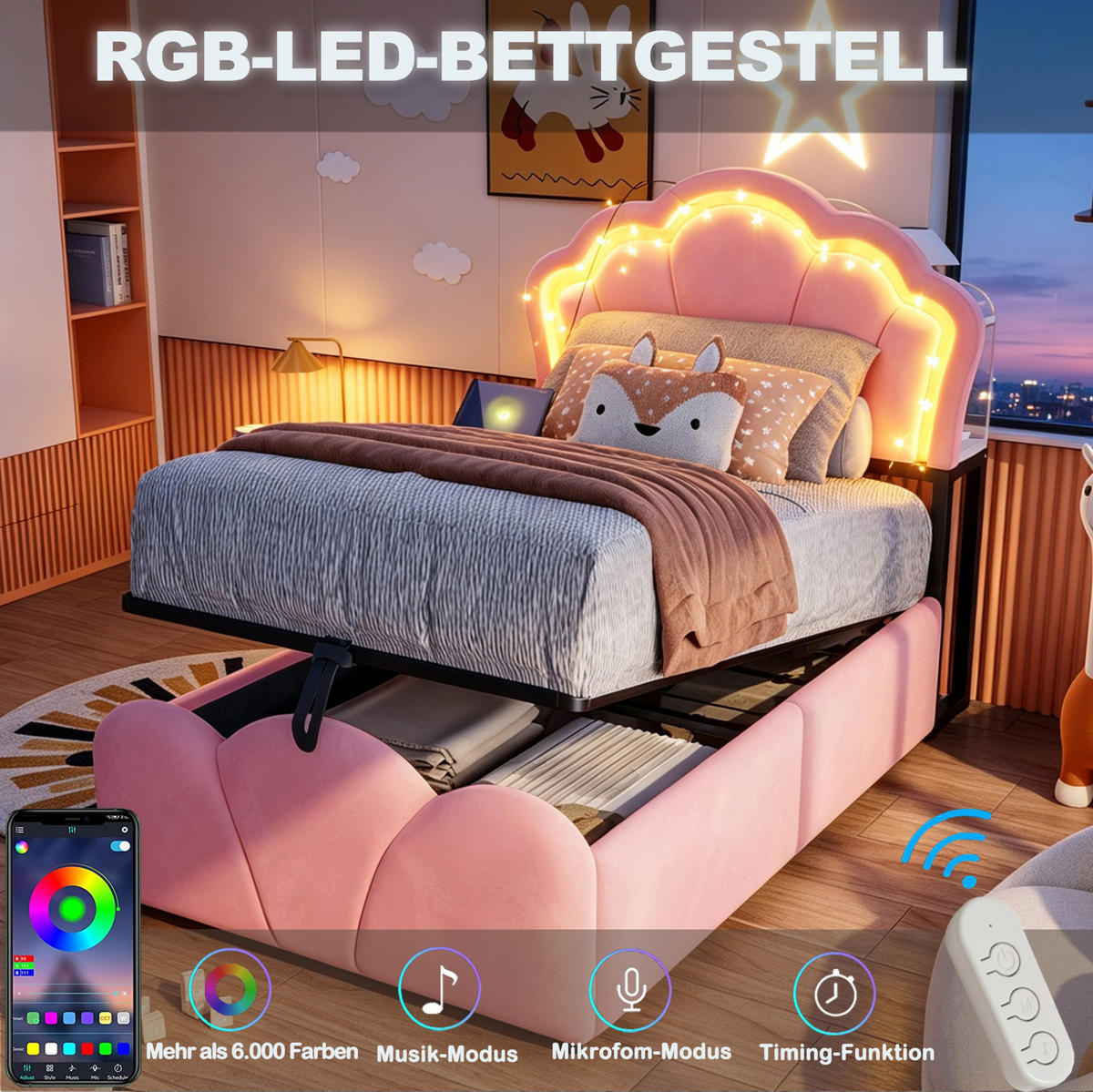 POLSTERBETT 90/200 cm aus Samt mit LED, Stauraum, Steckdosen, Rosa - Pink, Textil (90/200cm) - OKMYHOME