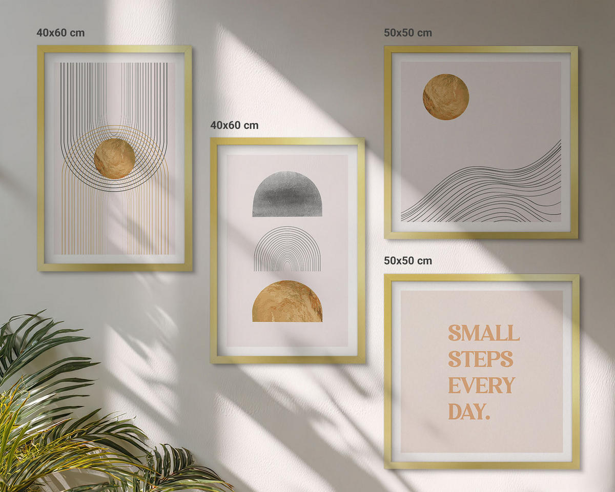 WANDBILDER 4er Set - 50x50 cm & 40x60 cm Goldrahmen - Abstrakte geometrische Formen - Goldfarben, Kunststoff (50/50cm) - ArtPrintCave