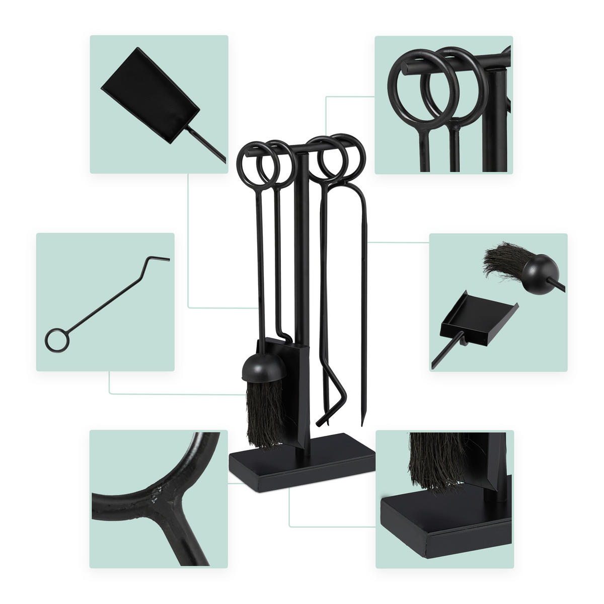 5-DIELNA súprava na krb - čierna, kov/textil (17/42/9cm) - Relaxdays