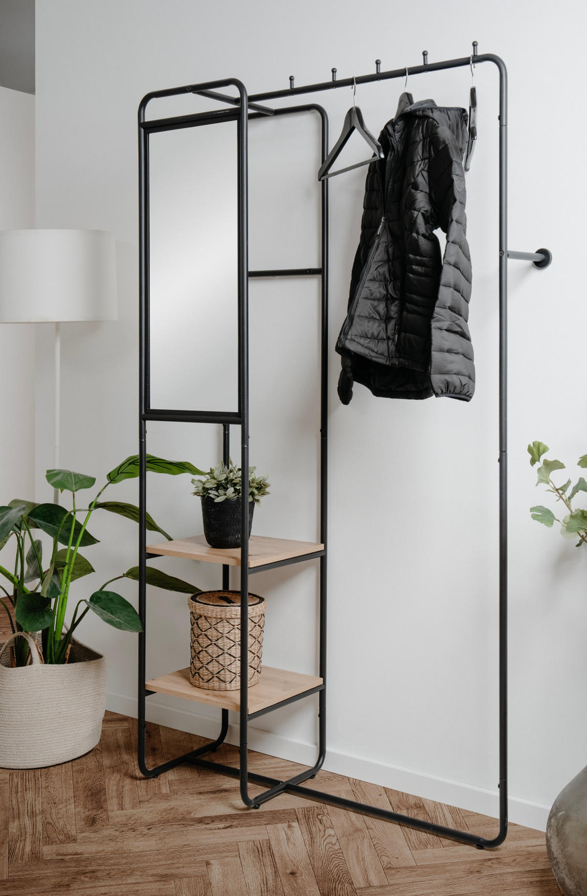 KOMPAKTGARDEROBE schwarz Metall 100 cm, Garderobe mit Spiegel - Schwarz, Holzwerkstoff/Metall (100/185/37cm) - Furn.Design