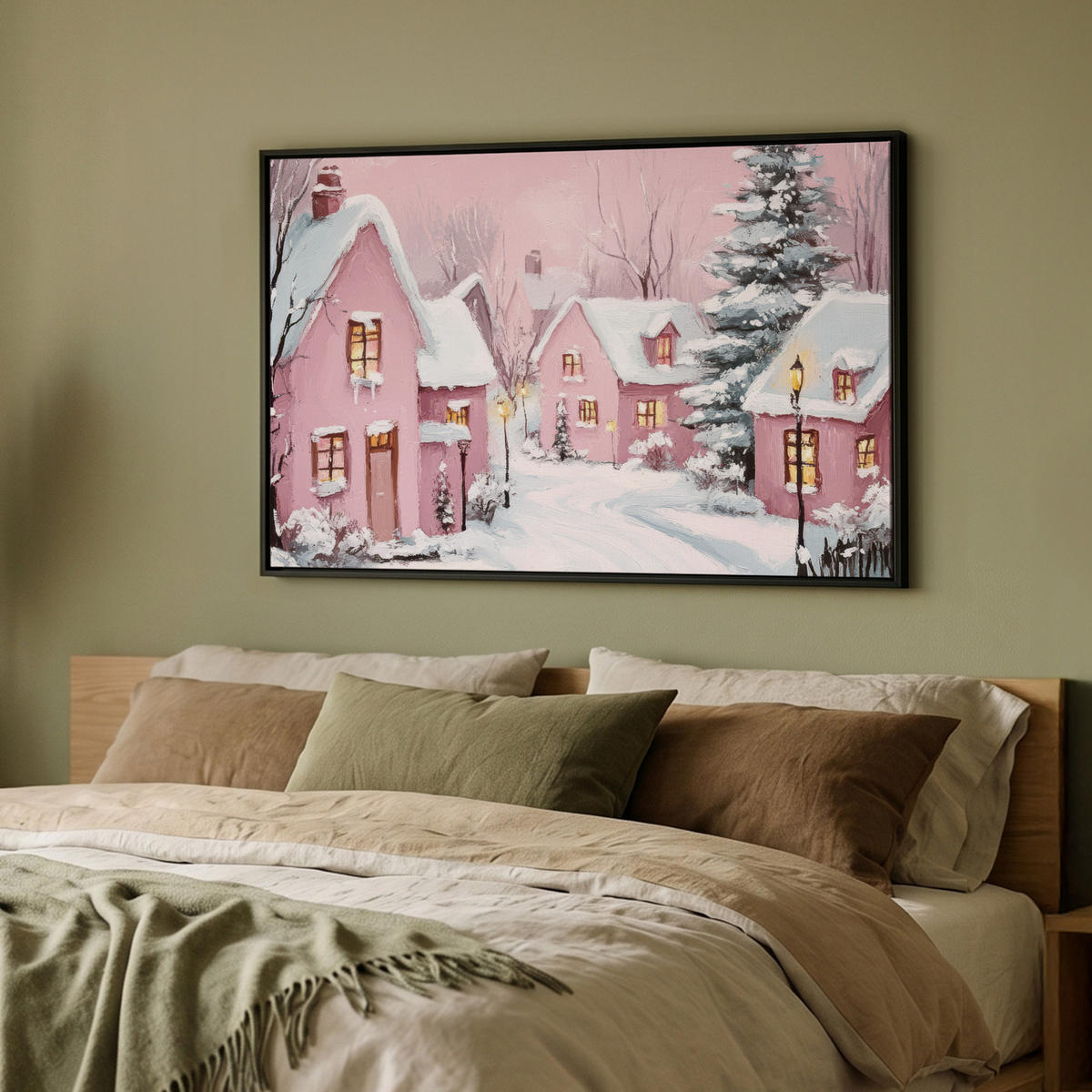 LEINWAND Bilder mit Rahmen - Weihnachtsdorf - Rosa - Winter - Schnee - Häuser - 90x60 - Altrosa, Textil (90/60cm) - MuchoWow