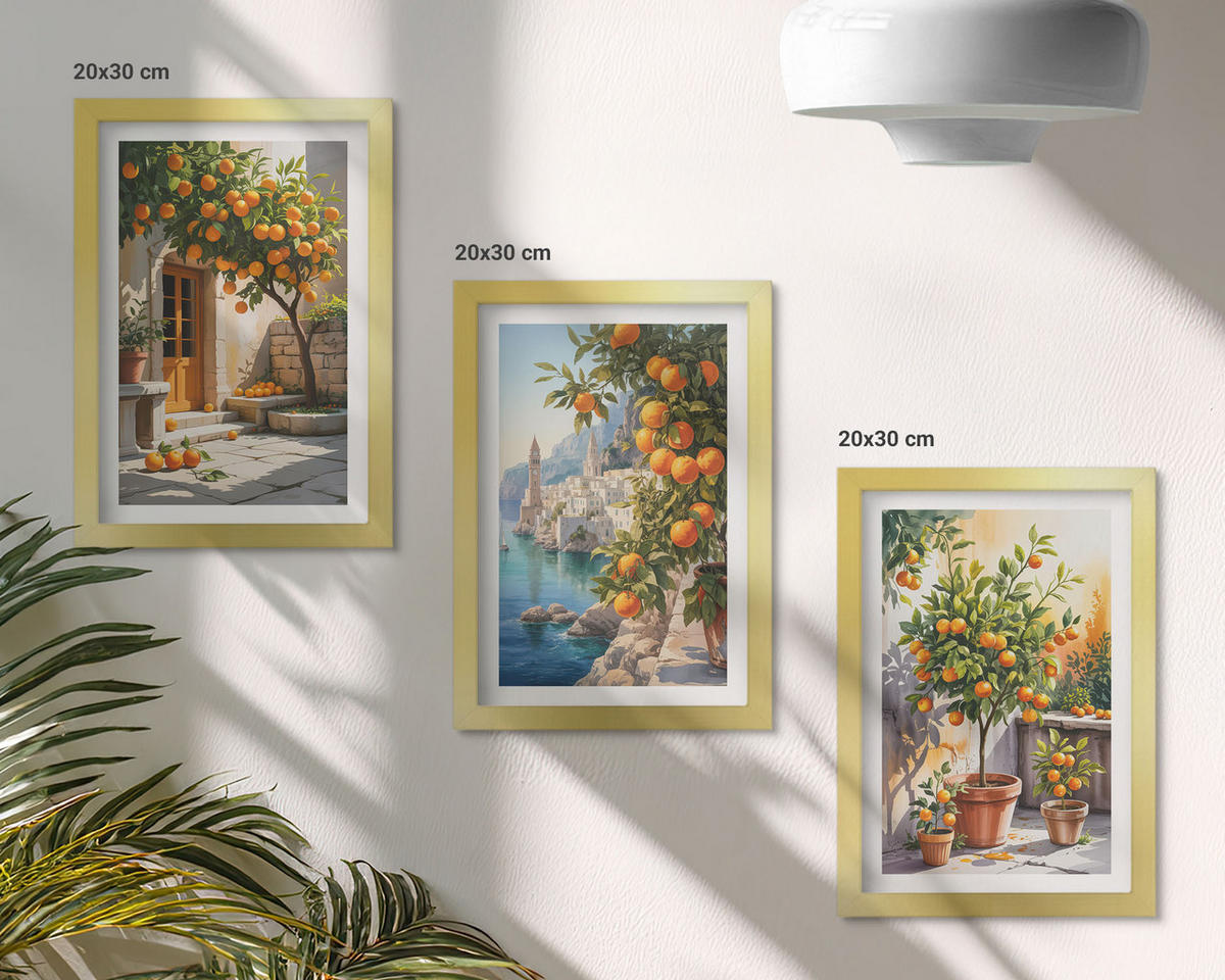 BILDER SET 3er Set - 20x30 cm Goldrahmen - Gemalte Zitruslandschaften - Goldfarben, Kunststoff (20/30cm) - TULUP