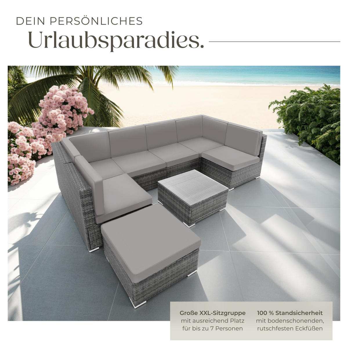 RATTANLOUNGE Venedig, mit Sicherheitsglasplatte, grau - Grau, Kunststoff - tectake