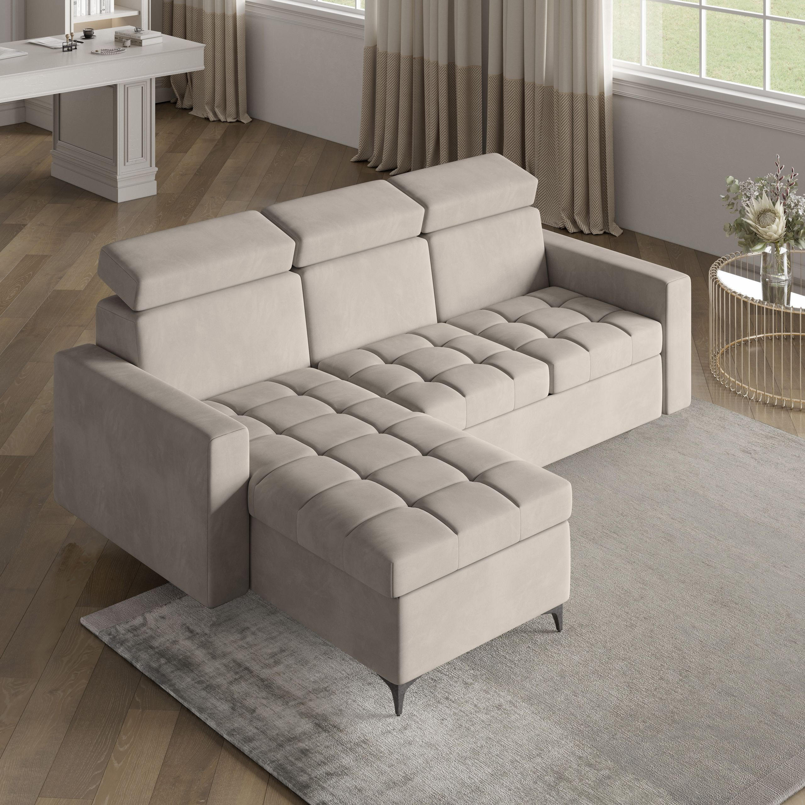 ECKSOFA KAME Beige Plüsch-Stoff mit Schlaffunktion - Beige, Holz (227/168cm) - MASSENO
