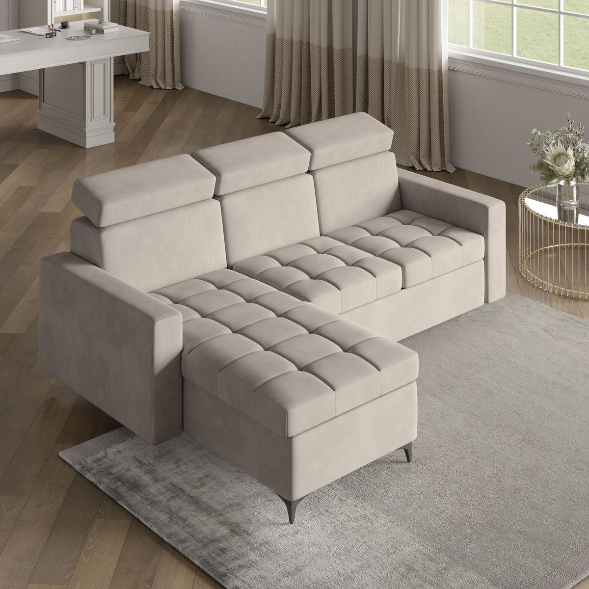 ECKSOFA KAME Beige Plüsch-Stoff mit Schlaffunktion - Beige, Holz (227/168cm) - MASSENO