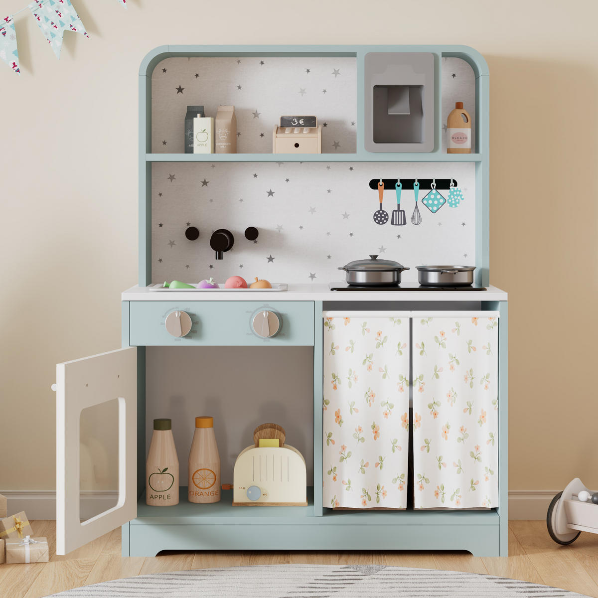 KINDERKÜCHE Blau – Spielküche mit Eiserzeuger & Mikrowelle, Zubehör & Soundeffekten, Holz/Kunststoff, ab 3 Jahren 29x60x81cm - Blau, Holzwerkstoff (60/29/81cm) - Ej. Life