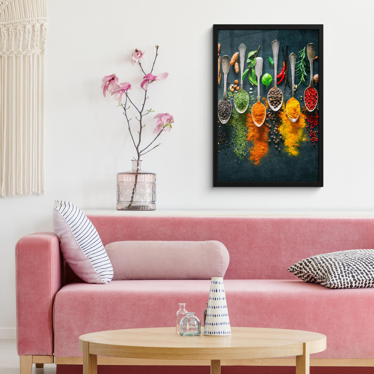 GERAHMTES BILD Kräuter - Gewürze - Löffel 40x60 cm - Currygelb, Papier (40/60cm) - MuchoWow