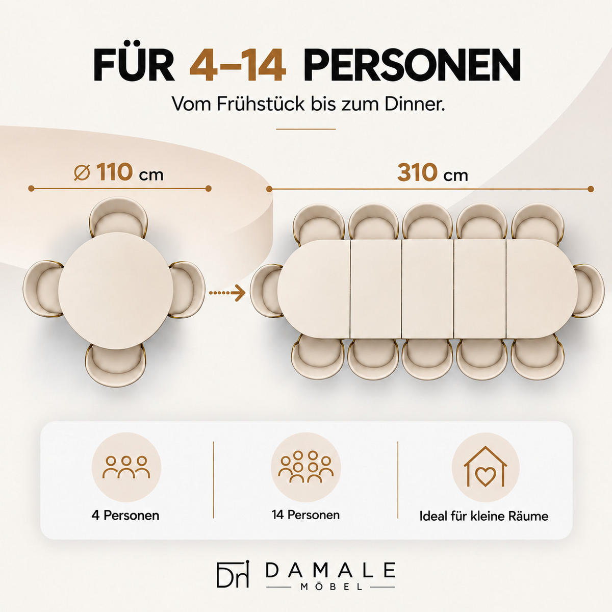 ESSTISCH rund ausziehbar 110/310/76 cm, Kaschmir, 54 cm Tischplatte + Industrial Metallgestell Weiß - Kaschmir/Weiß, Holzwerkstoff/Metall (110/310/76cm) - Damale Möbel