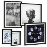 BILDER SET 5er Set - 50x50 cm & 20x30 cm & 40x60 cm Schwarzer Rahmen - Waldnebel, Mond, Schädel, Frau - Schwarz, Kunststoff (40/60cm) - TULUP