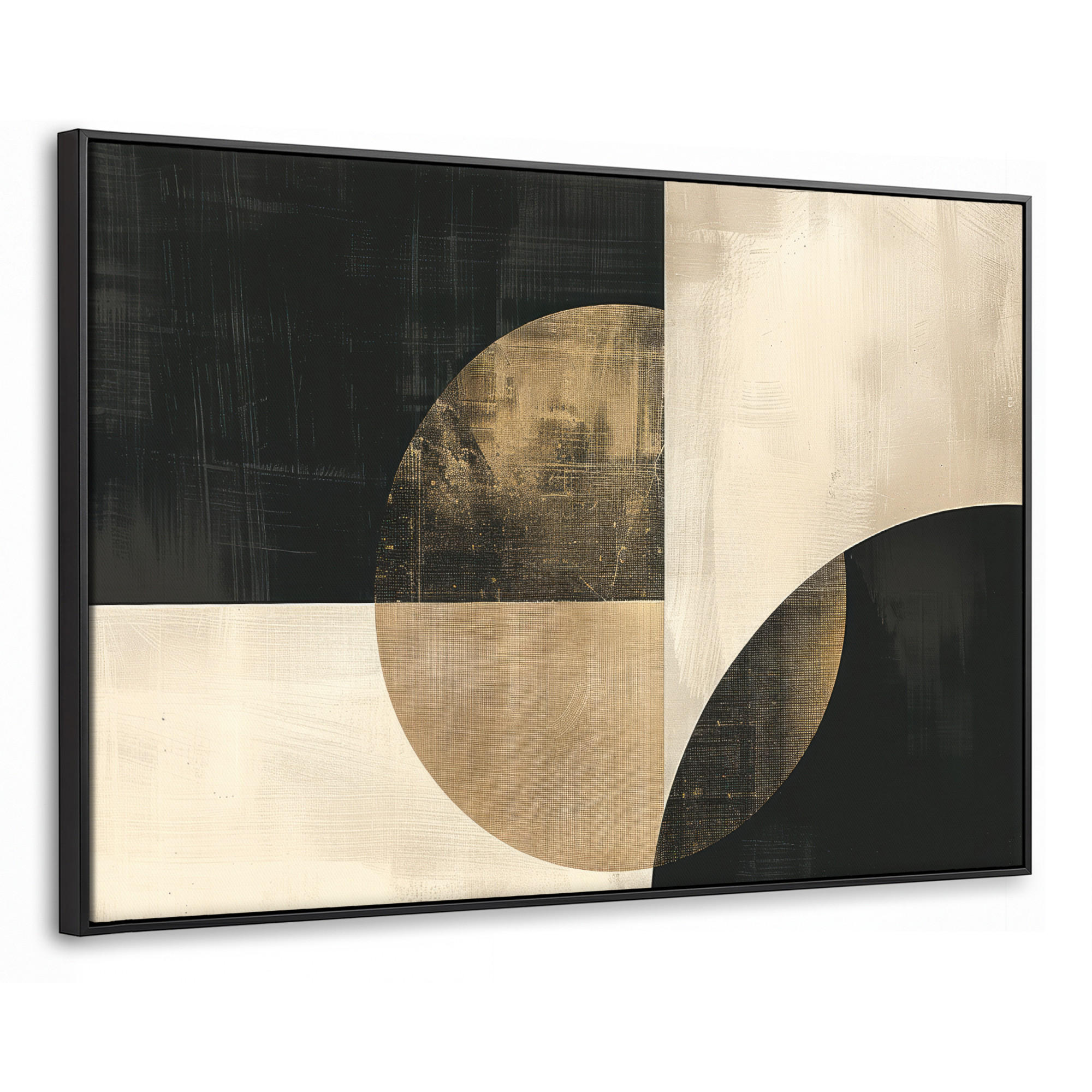 LEINWAND Bilder mit Rahmen - Abstrakt - Geometrische Formen - Schwarz - Gold - 140x90 - Ecru, Textil (140/90cm) - MuchoWow