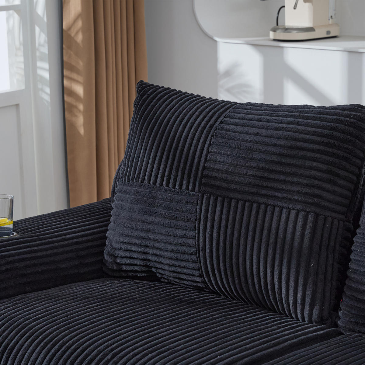 2-SITZER SOFA Cord Schwarz mit Becherhalter und Aufbewahrungstasche - Schwarz, Textil (200/80/99cm) - WISHDOR