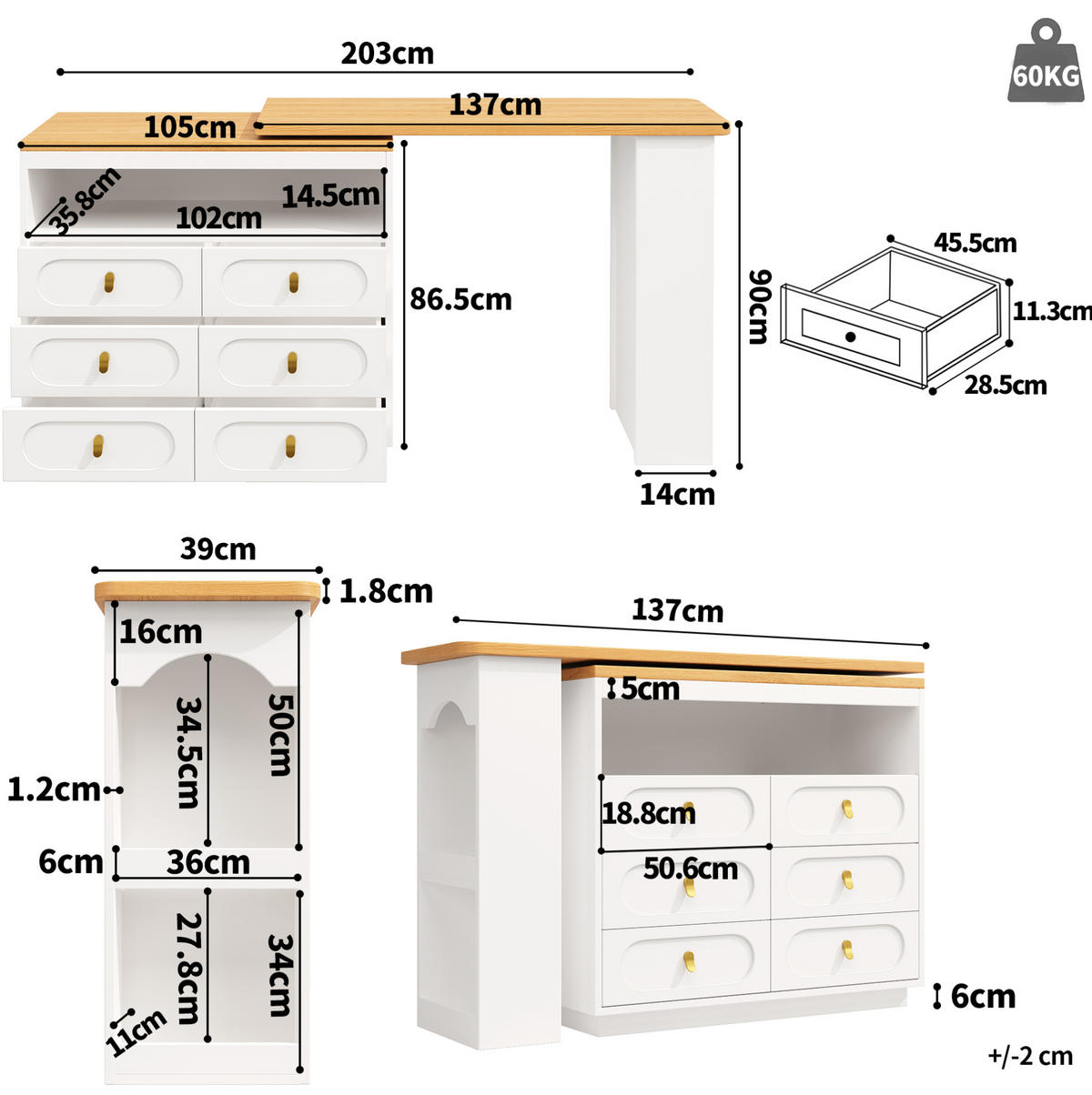 ESSZIMMERSCHRANK aus MDF 137-203x39x90cm in Weiß mit 360° Dreh - Weiß, Holzwerkstoff (203/90/39cm) - Modfu