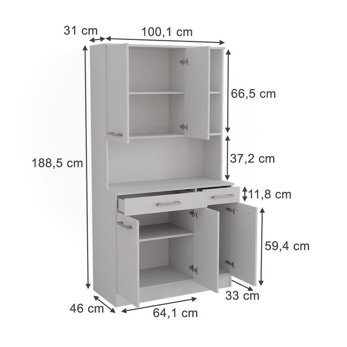 KÜCHENBUFFET Raul Weiß 100.1 x 188.5 cm mit 5 Türen & 2 Schubladen - Weiß, Holzwerkstoff (100.1/188.5/46cm) - Vicco