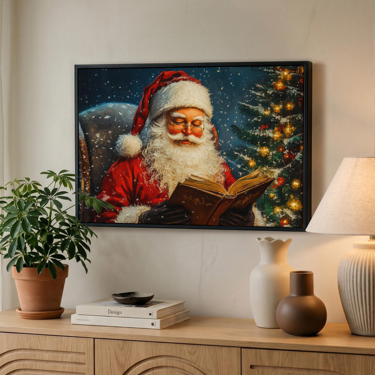 LEINWAND Bilder mit Rahmen - Weihnachtsmann - Weihnachten - Winter - Weihnachtsbaum - 60x40 - Bordeaux, Textil (60/40cm) - MuchoWow