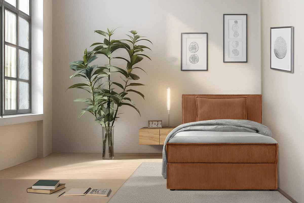 BOXSPRINGBETT ROTI Einzelbett, orange - Schwarz/Orange, Holz/Holzwerkstoff (100/200cm) - KONSIMO®