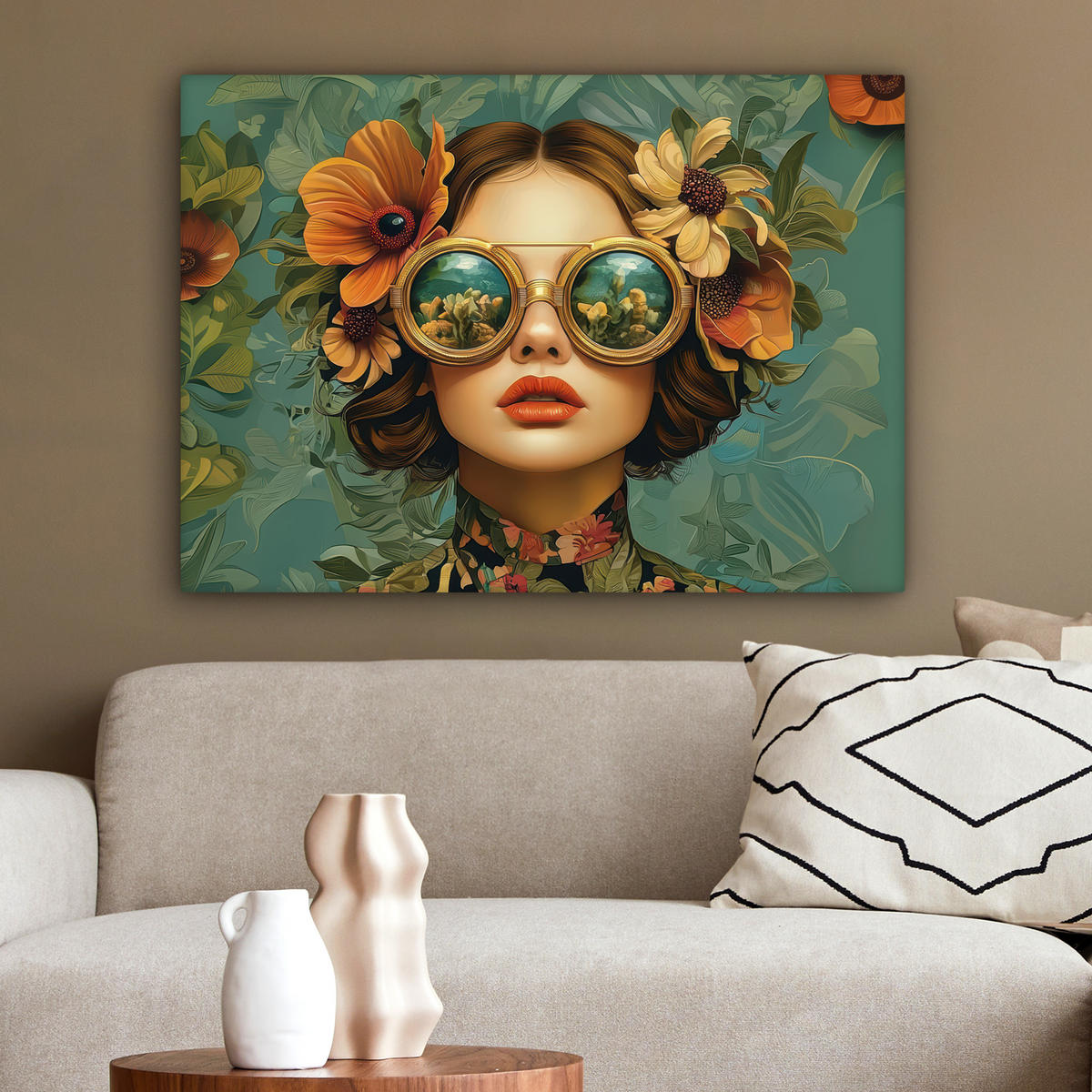 LEINWANDBILD Frau - Blumen - Schmetterlinge - Natur - Vintage Wandbilder 80x60 cm - Salbeigrün, Textil (80/60cm) - MuchoWow