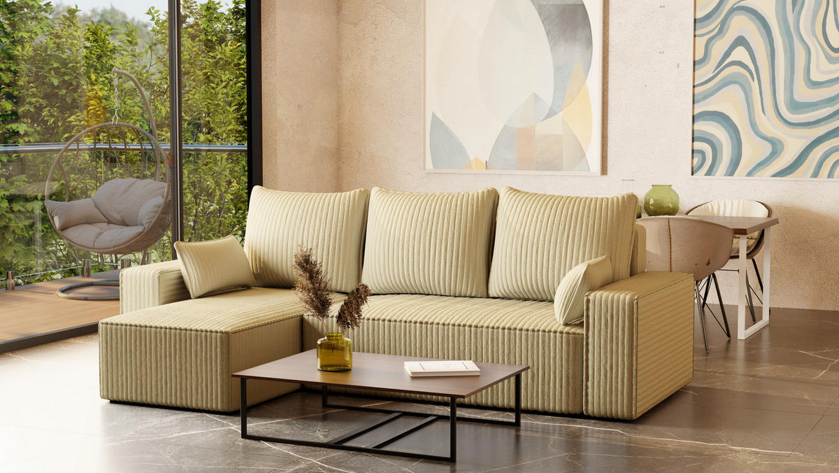 ECKSOFA Tobi mit Bettkasten und Schlaffunktion, L-Form/XL-Form, Cordstoff, Universal - Creme, Holzwerkstoff (246/145cm) - 4ALL HOME