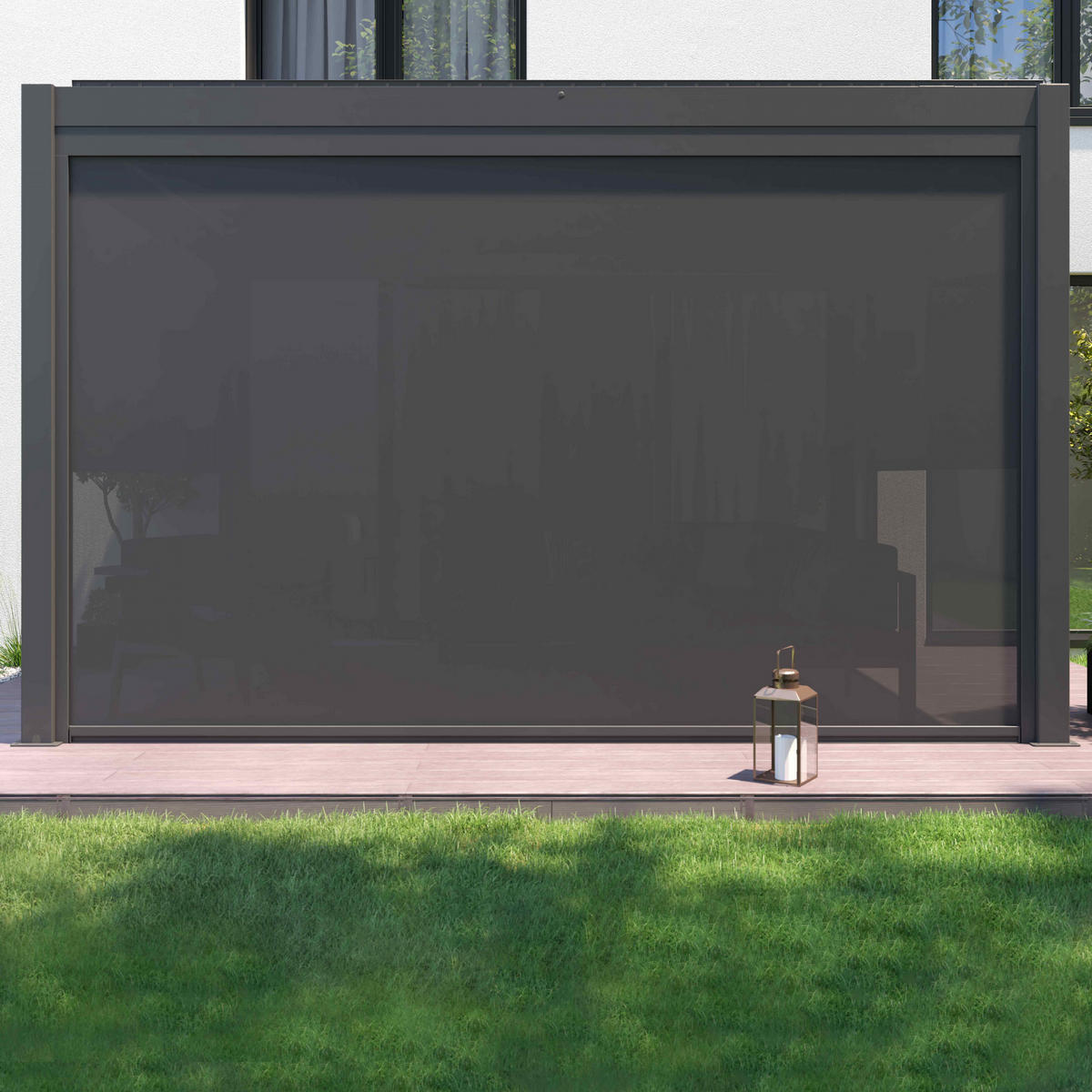 PERGOLA 3x4m, beleuchtet, motorisiert mit 1 Markise, Grau - Grau, Metall (275/257/397cm) - Oviala