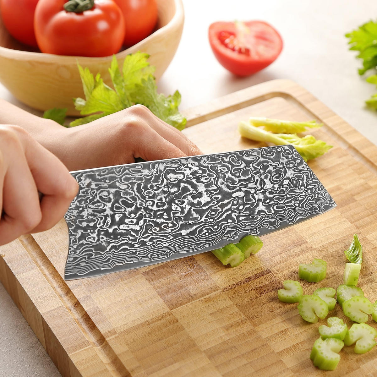 BLOCKMESSER Kiritsuke Kinone Damast - Birkefarben, Holz/Metall (34cm) - Zayiko