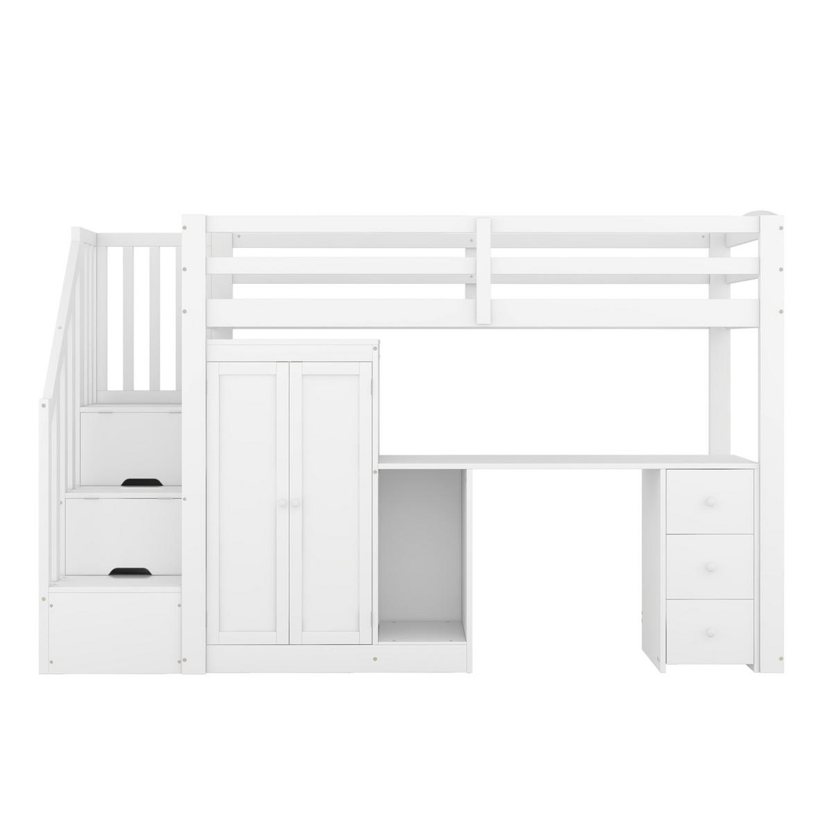 HOCHBETT 90/200 cm in Weiß mit Schreibtisch, Kleiderschrank und Stauraumtreppe - Weiß, Holzwerkstoff (90/200cm) - Flora Grace