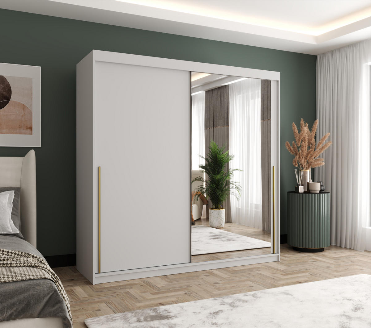 SCHIEBETÜRENSCHRANK mit Spiegel 200 cm Breite Weiß mit goldenem Griff - Goldfarben/Weiß, Holzwerkstoff (250/200/62cm) - Home Collective