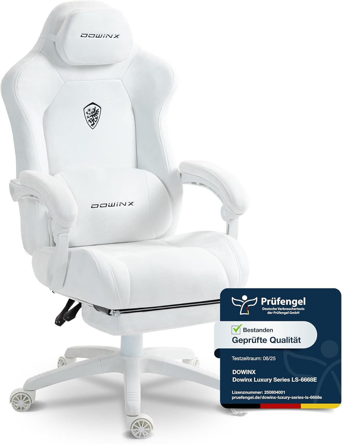 GAMING-STUHL Mikrofaser-Velours & Lendenkissen, Fußstütze 160° Neigbar - Weiß, Leder (70/132/70cm)