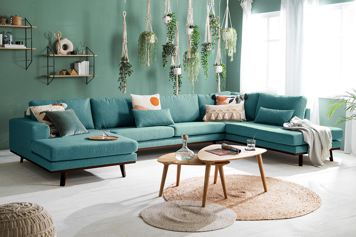 WOHNLANDSCHAFT mit Longchair - Buchefarben/Petrol, Textil (371/81/219cm) - home24