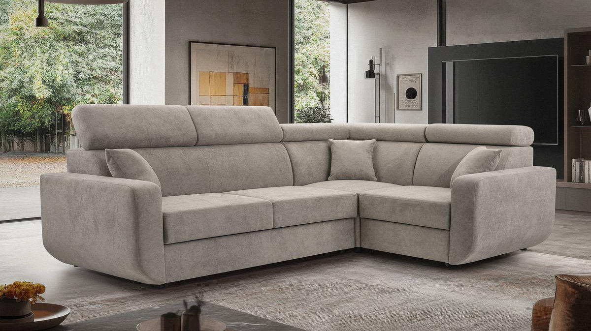 ECKSOFA RENO Grau Plüsch-Stoff mit Schlaffunktion - Grau, Holz (263/184cm) - MASSENO