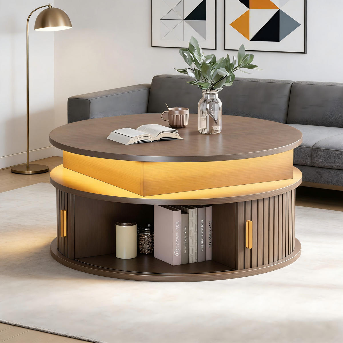 KONFERENČNÍSTOLEK 75x75cm Ořech LED Zvedací Dveře - barva vlašského ořechu, kompozitní dřevo (75/75/52cm) - FLIEKS