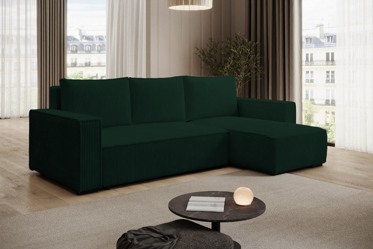 ECKSOFA CUDDY L, Eckcouch in L-Form mit Schlaffunktion und Bettkasten, Farbe: Grün, Cordstoff, Ottomane Rechts - Grün, Textil (240/140cm) - Storez24