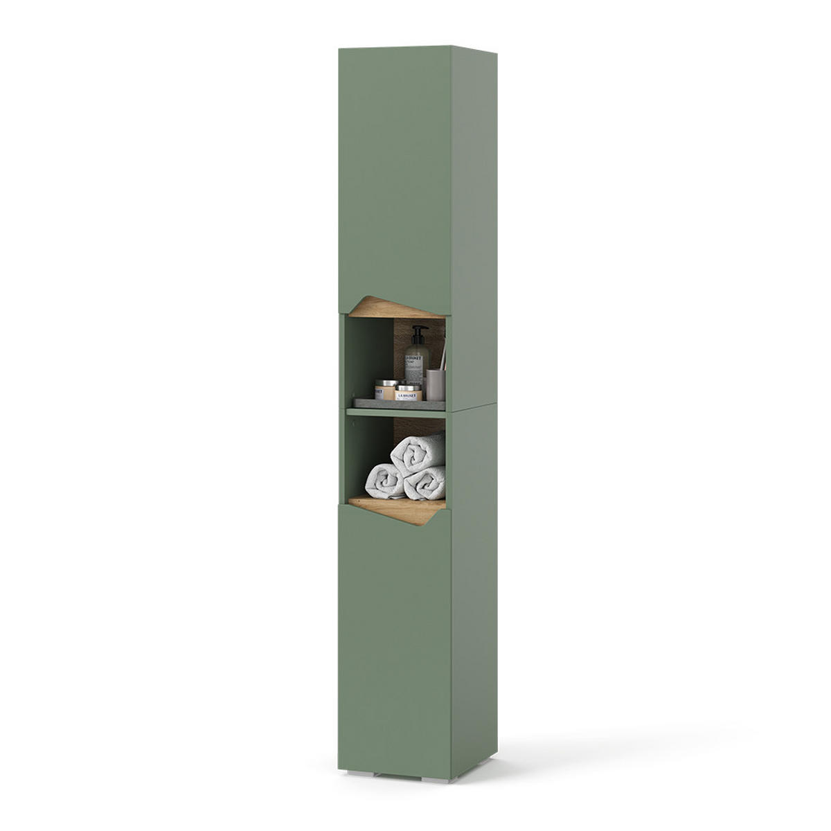BADSCHRANK Marelle Grün/Artisan 30 x 180 cm mit Türen und offenen Fächern - Grün, Holzwerkstoff (30/180/35cm) - Vicco