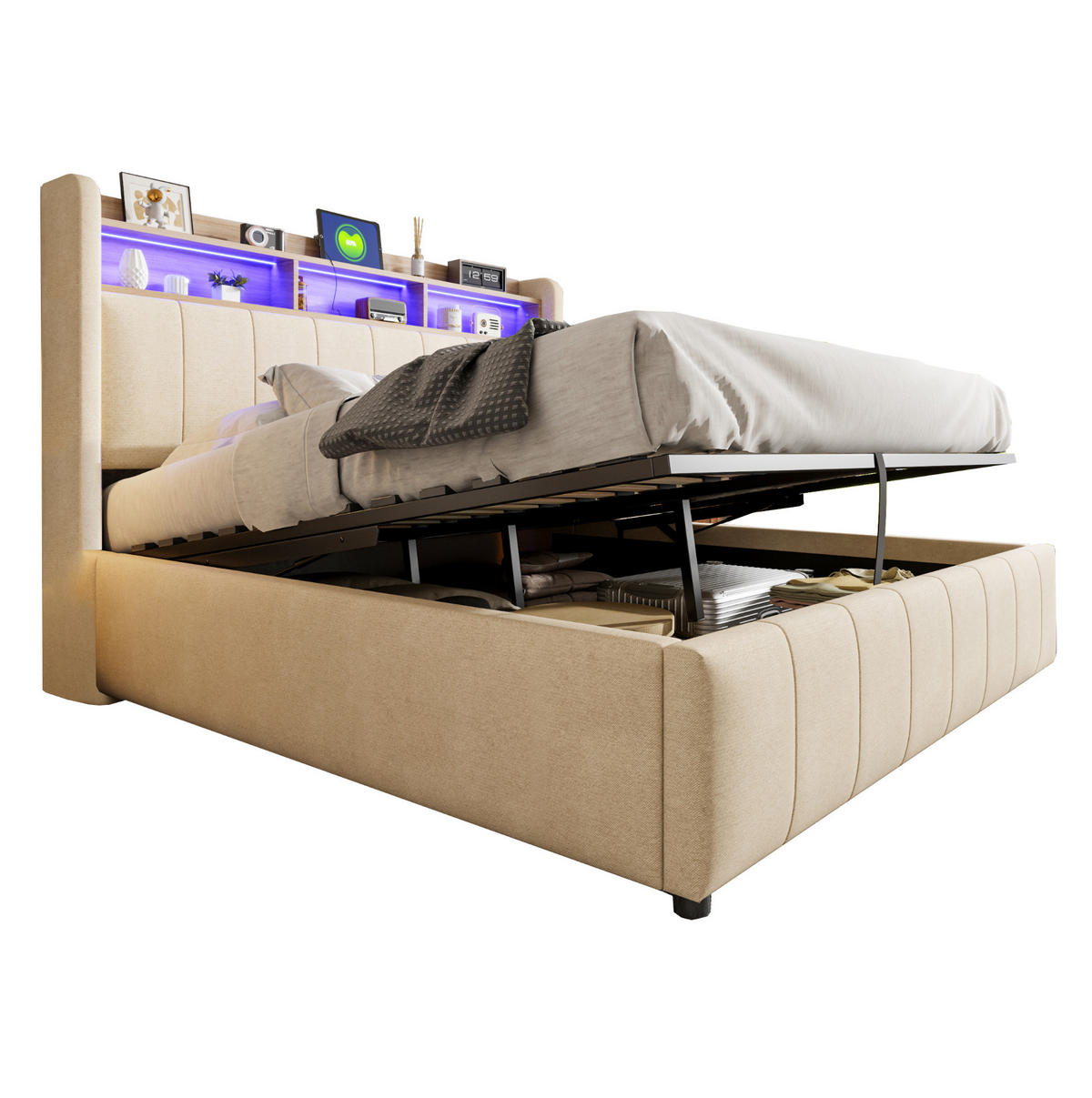 POLSTERBETT 160/200 cm Beige aus Leinenstoff mit LED und Stauraum - Beige, Textil (160/200cm) - OKMYHOME