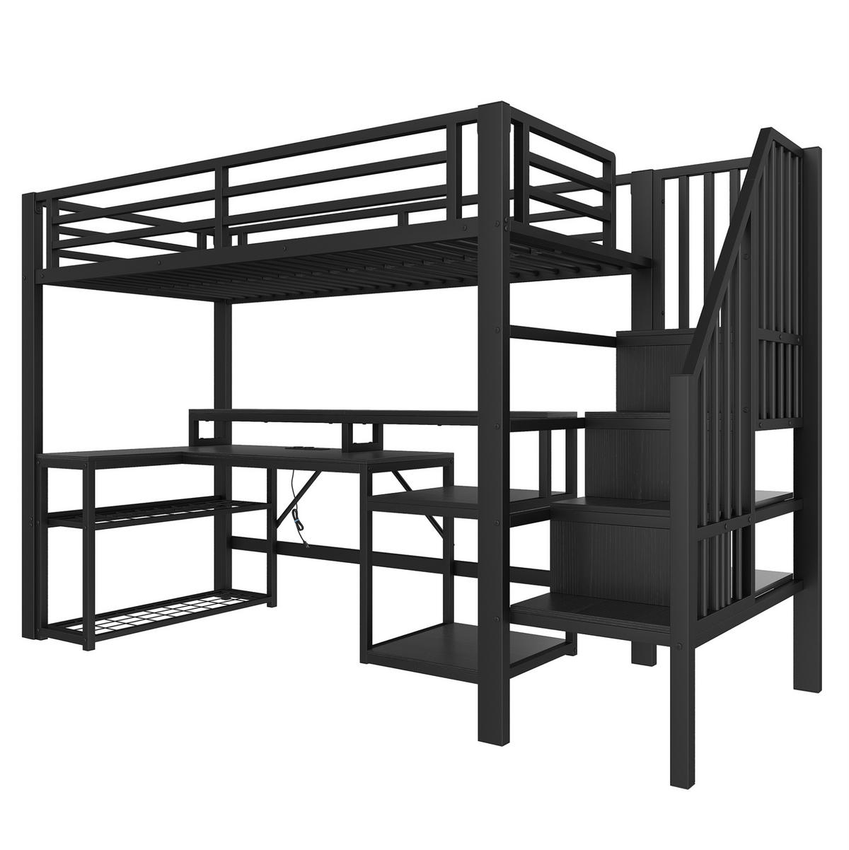 HOCHBETT 90/200 cm aus Metall mit Schreibtisch und LED-Beleuchtung - Schwarz, Metall (90/200cm) - Flora Grace