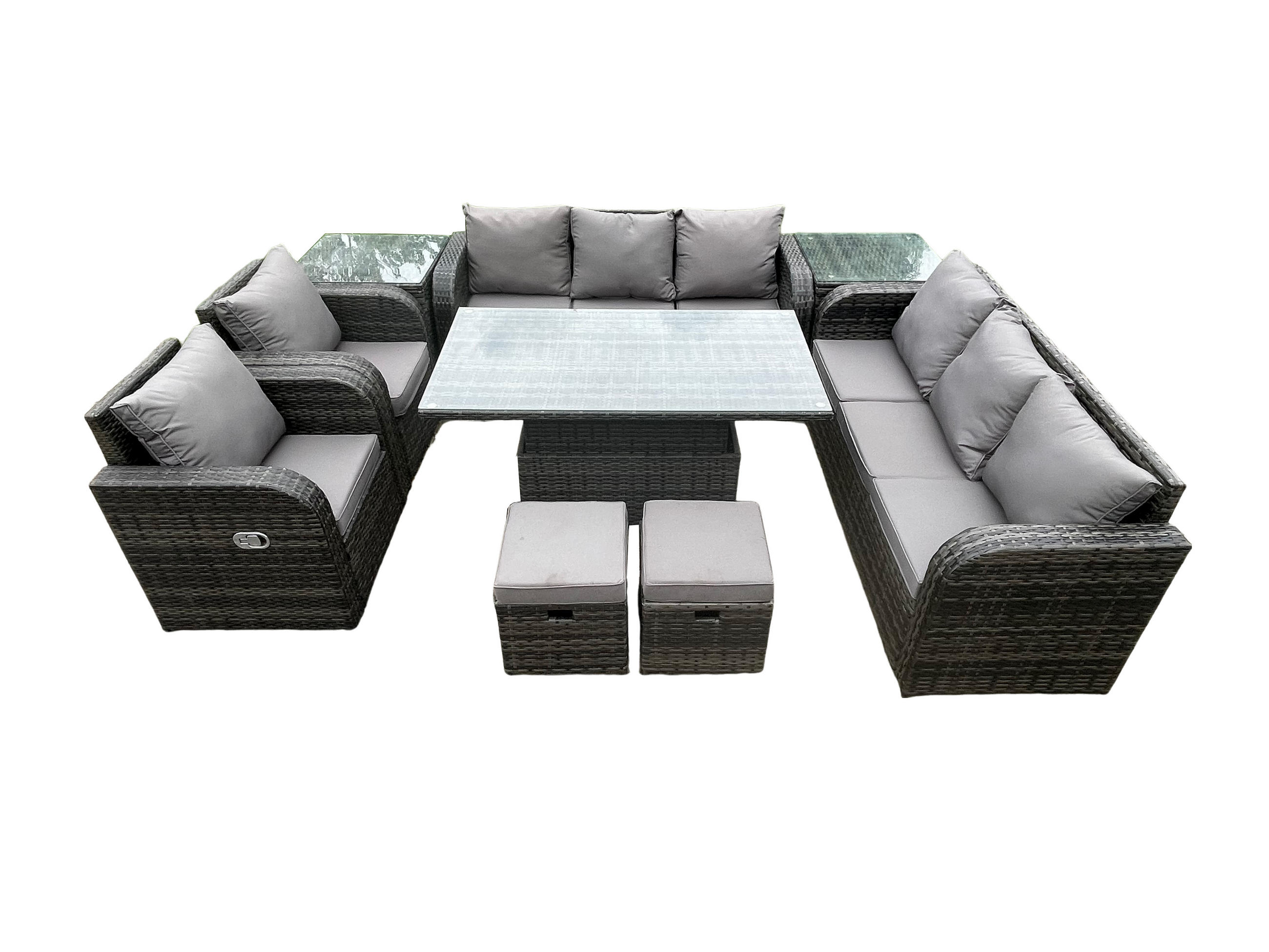 SITZGRUPPE GARTENSET MIT BEISTELLTISCH Polyrattan Patio 10-Sitzer - Dunkelgrau/Grau, Glas/Kunststoff - Fimous