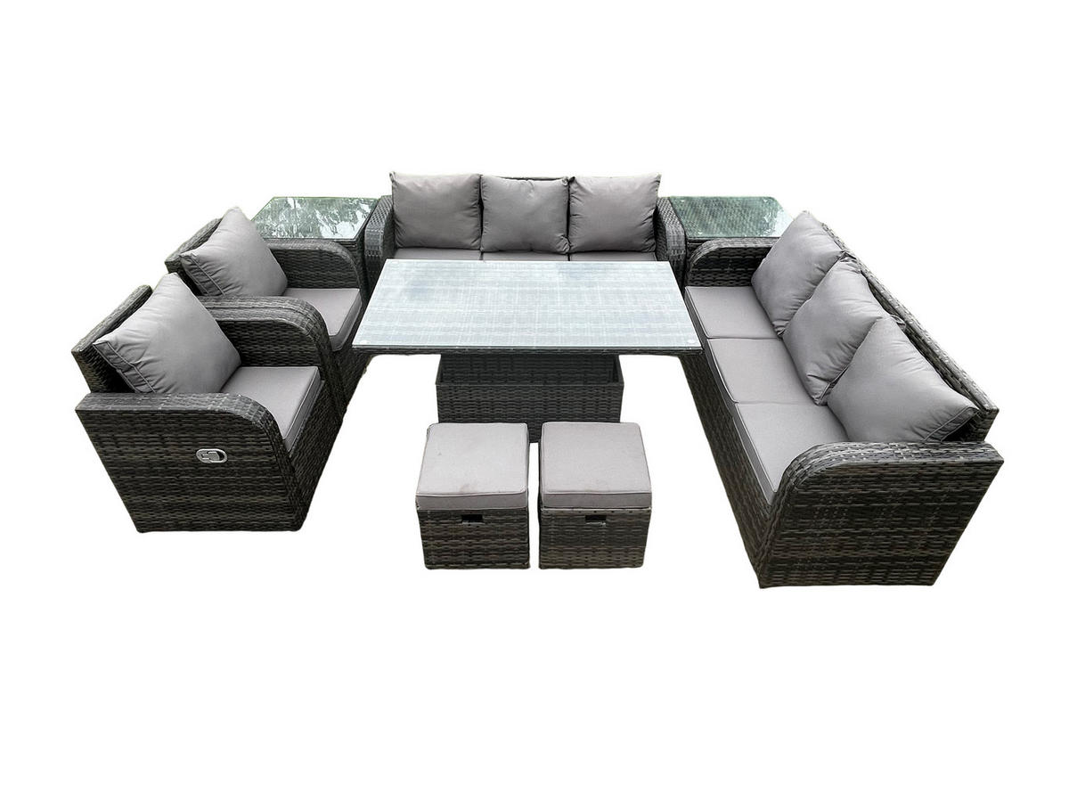 SITZGRUPPE GARTENSET MIT BEISTELLTISCH Polyrattan Patio 10-Sitzer - Dunkelgrau/Grau, Glas/Kunststoff - Fimous