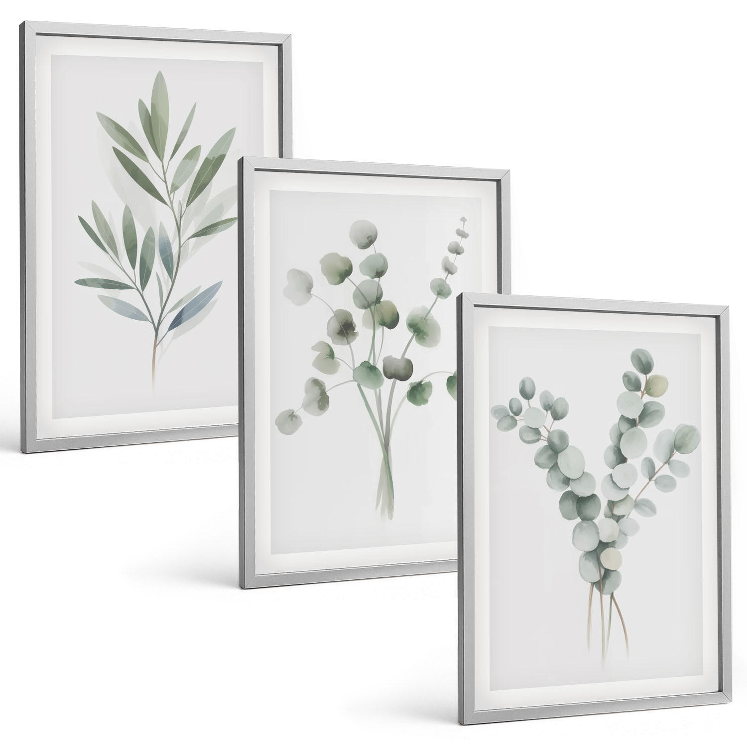BILDER SET 3er Set - 40x60 cm Silberner Rahmen - Pflanzenmuster mit Grün - Silberfarben, Kunststoff (40/60cm) - TULUP