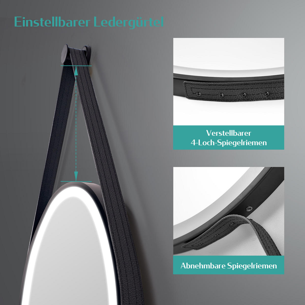 BADSPIEGEL Rund mit Beleuchtung mit Hängeriemen Schwarz ф60 cm - Schwarz, Glas (60/3/60cm) - EMKE
