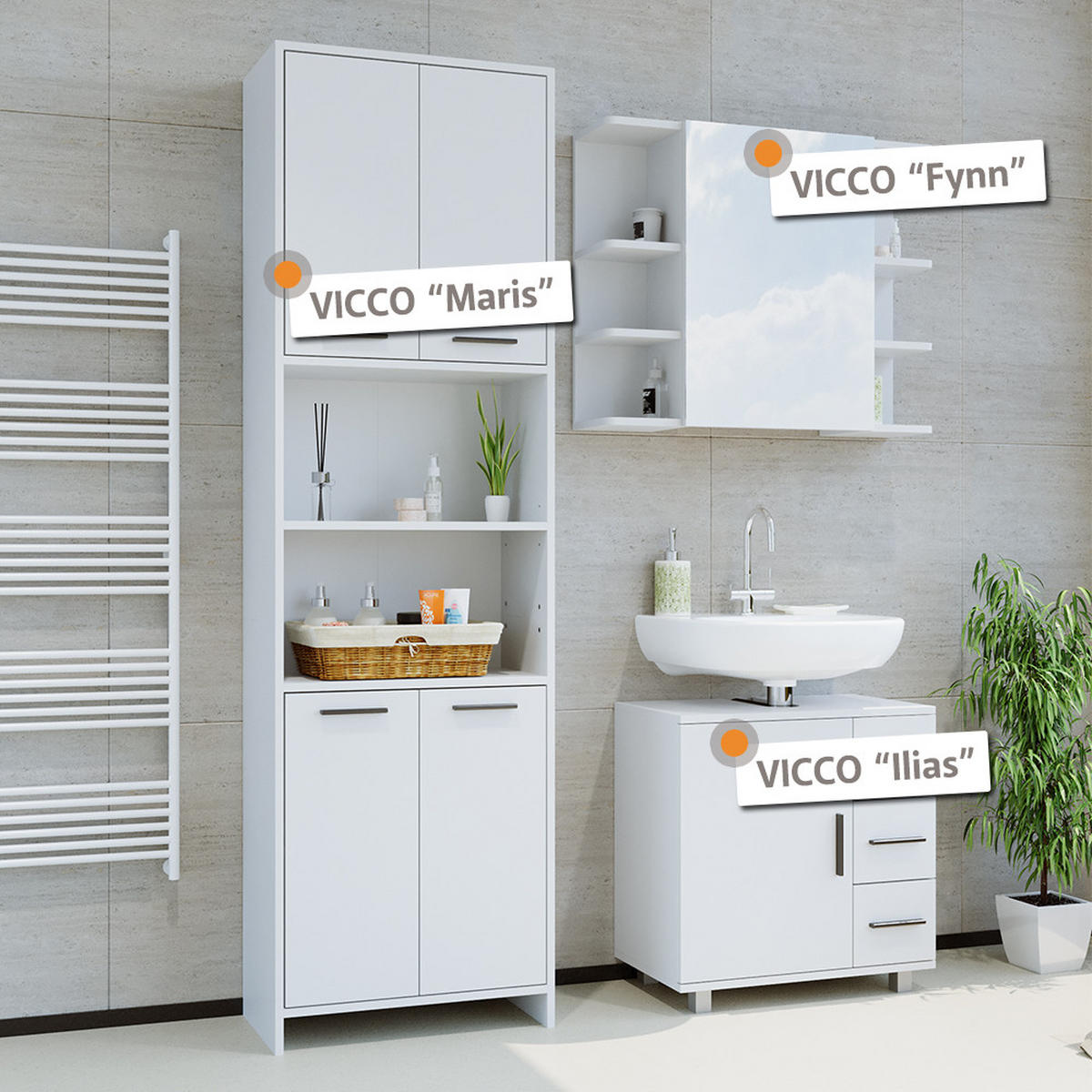 BADMÖBEL-SET Maris Weiß 3 Teile - Weiß, Holzwerkstoff (60/60/33cm) - Vicco