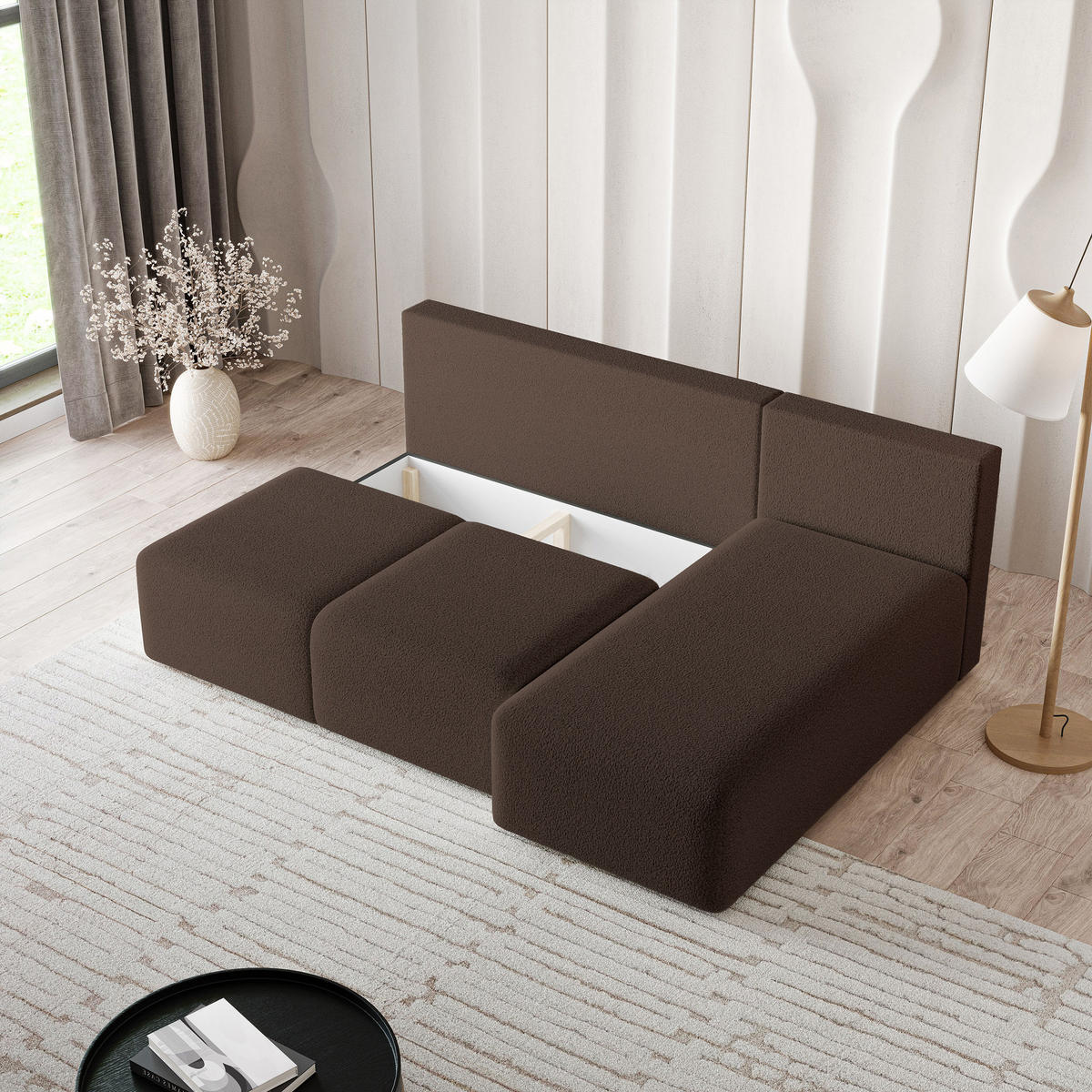 ECKSOFA TRAMA Braun Boucle-Stoff mit Schlaffunktion - Braun, Holz (200/143cm) - MASSENO