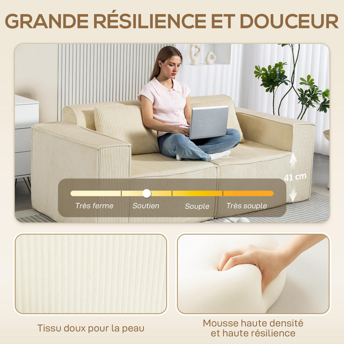 3-SITZER-SOFA DE-13482 mit breiten Armlehnen, Kordelsamt Beige - Beige, Textil (90/76/202cm) - ComfortXL