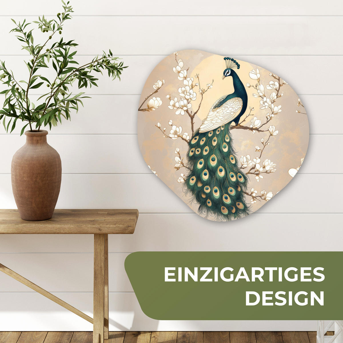 WANDBILD Pfau - Zweig - Blumen 60x60 cm - Champagner, Kunststoff (60/60cm) - MuchoWow
