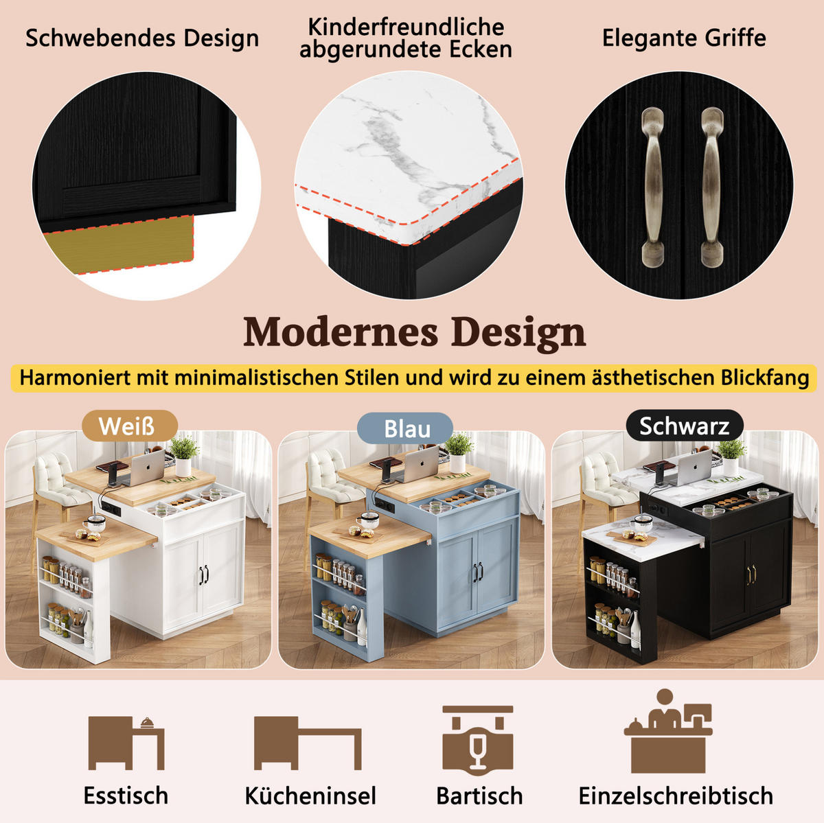 KUHINJSKI otok 125,5–187,5/71/93 cm z LED osvetlitvijo, USB/Type-C polnilom, raztegljivo mizno ploščo iz MDF, Črna - črna, leseni material (125.5/93/71cm) - Redom