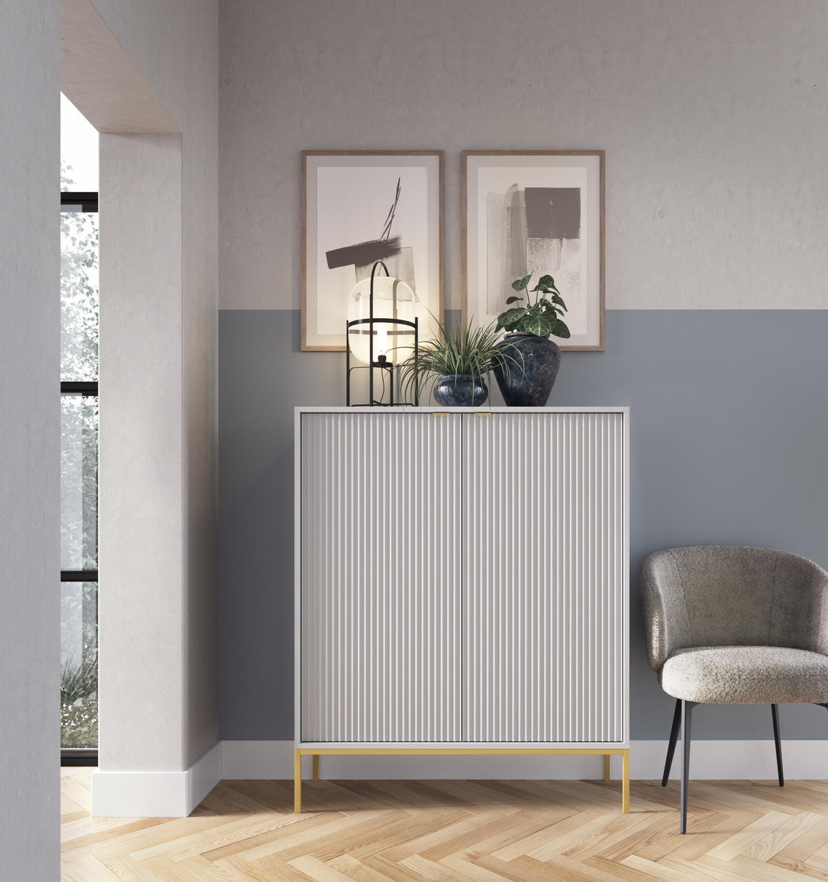 HOCHKOMMODE NOVA Geriffelt, 2-Türen, KOMMODE Schwarz, Goldfüße 104x39x cm Grau - Goldfarben/Graphitfarben, Holzwerkstoff/Kunststoff (104/125/39cm) - DomoHome