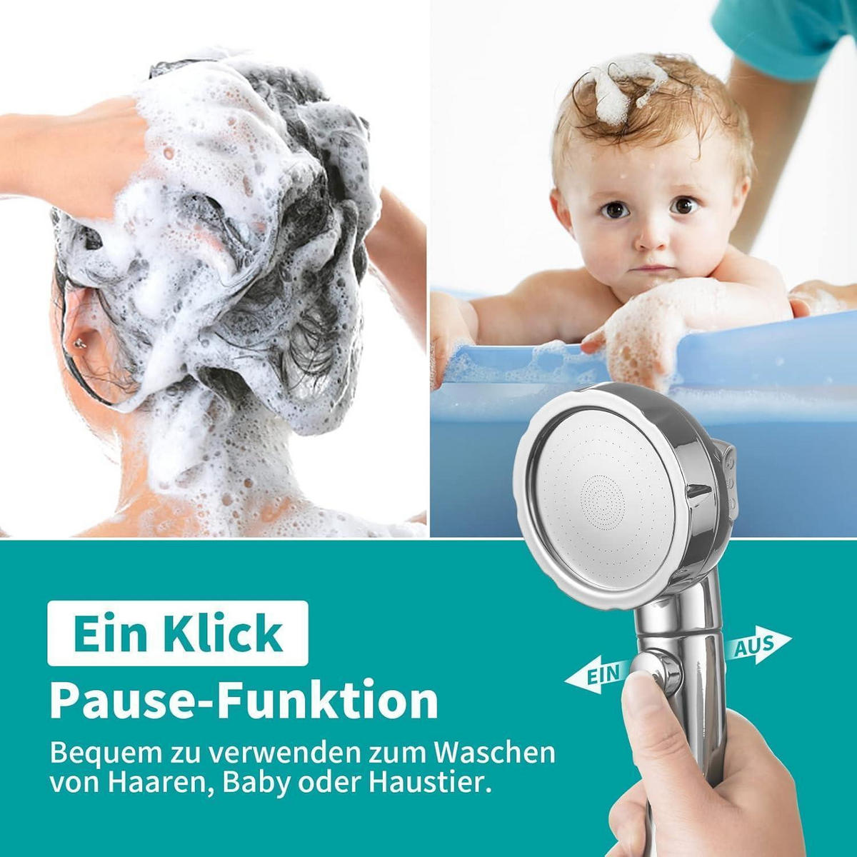 DUSCHKOPF Set mit Wassersparfunktion und 3 Strahlarten - Silberfarben, Metall (8/12.7/24cm)
