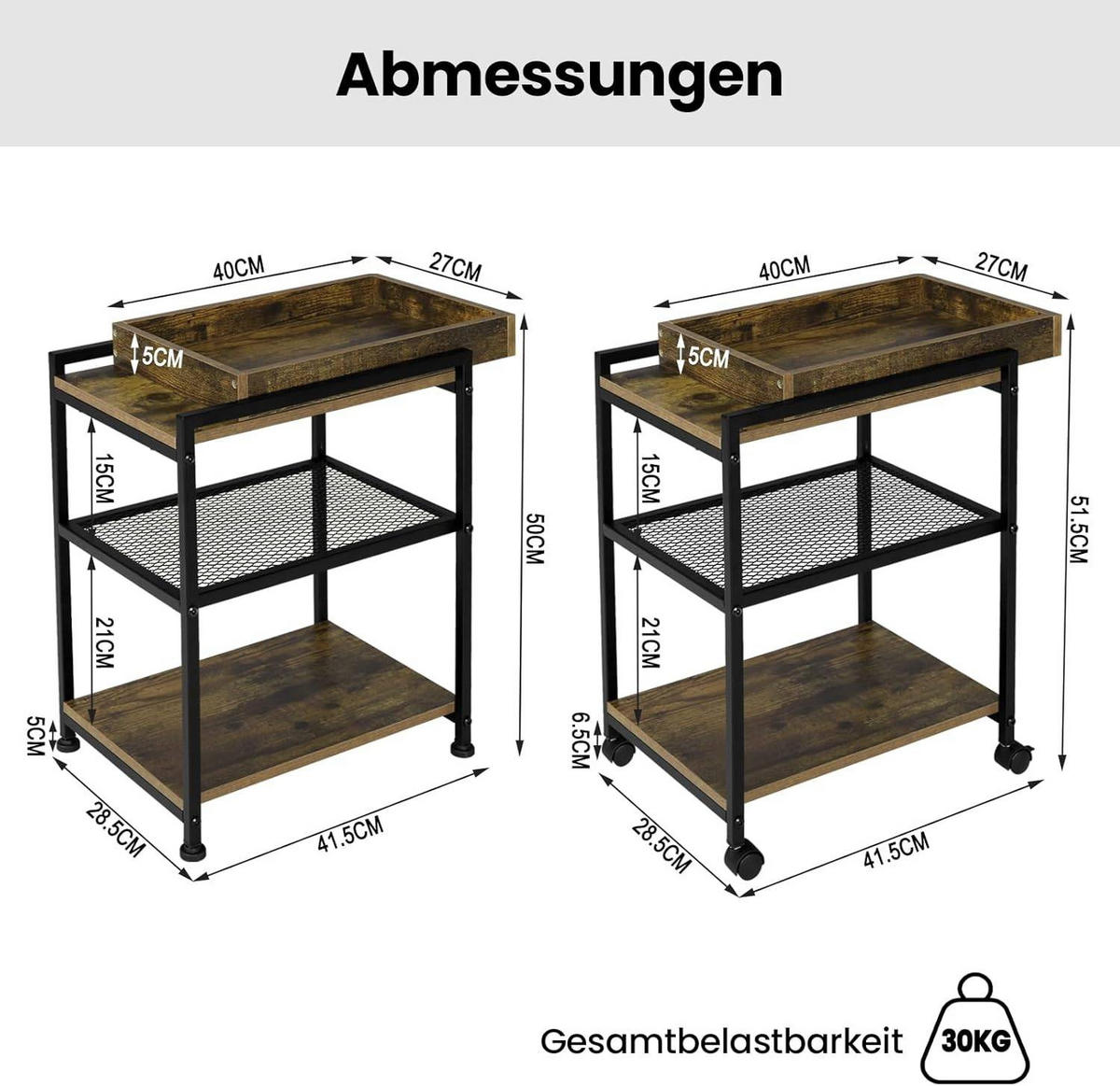 BEISTELLTISCH, mit Rollen, 3 Ablagen 1 abnehmbares Tablett - Dunkelbraun/Schwarz, Holzwerkstoff/Metall (28.5/41.5/51.5cm) - Woltu